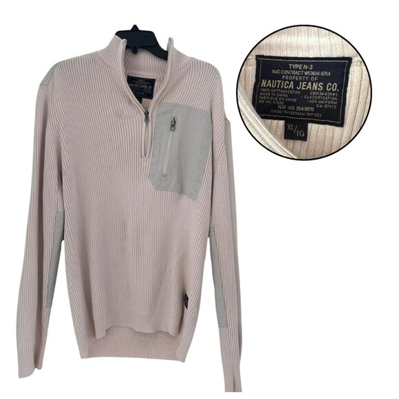 Nautica Jeans Co. Men's XL 1/4 Zip Sweater Beige Gray Ribbed Knit Elbow Patches - Picture 1 of 4